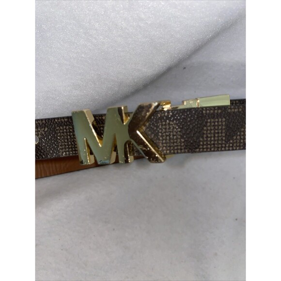 Michael Kors Belt gold metal logo Two Tone MK Logo Buckle Brown Luxury Scuffs - Picture 2 of 8